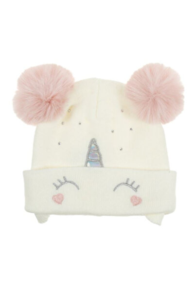 OEM Knitted Unicorn Hat Ecru with Pom-pom Ears for Girls - 9 Months
