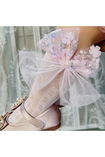 Accessories Hei Pink Sequin Bow Sequined Pearl Detailed Girls' Party Prom Fishnet Stockings