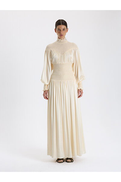 BAQA Ekru Büzgülü Uzun Elbise