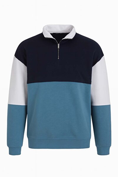 trender Half Zipper Segmented 3 Thread Raised Blue Men's Sweatshirt 5719