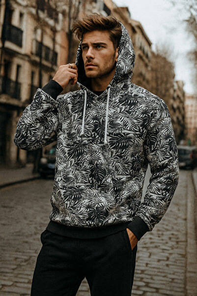 Rich Men's Patterned Pocket Detailed Basic Hooded Oversize Sweatshirt