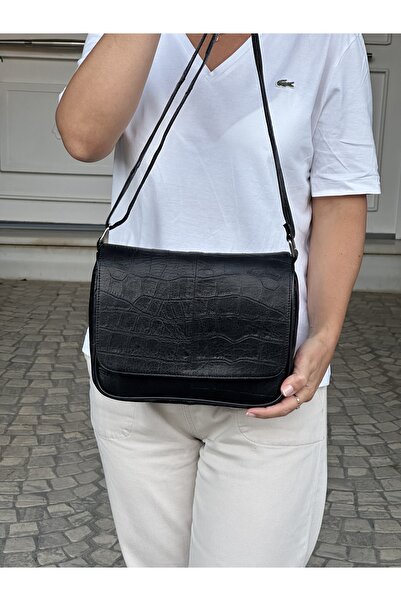 Deribag Genuine Leather, Crossbody Strap, Casual Bag, Women's Shoulder Bag, Syah Patterned 25*21*8 cm