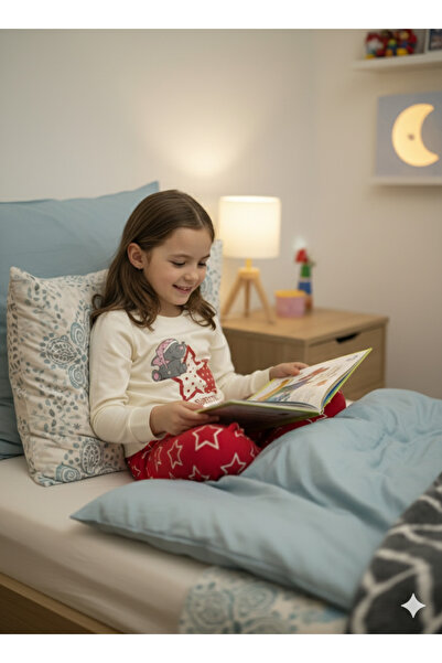 Şimo Butik Kız Çocuk Pijama Takımı %100 Pamuk Uzun Kollu Kışlık Filli Yıldızlı Kırmızı Beyaz