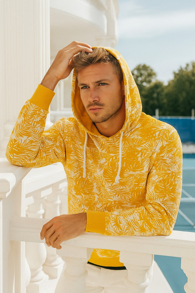 Rich Men's Patterned Pocket Detailed Basic Hooded Oversize Sweatshirt