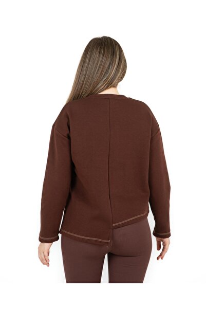 Sortie Women's Brown Color Pocketed Crew Neck Three Thread Asymmetrical Sweatshirt