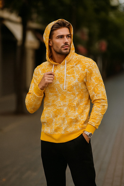 Rich Men's Patterned Pocket Detailed Basic Hooded Oversize Sweatshirt