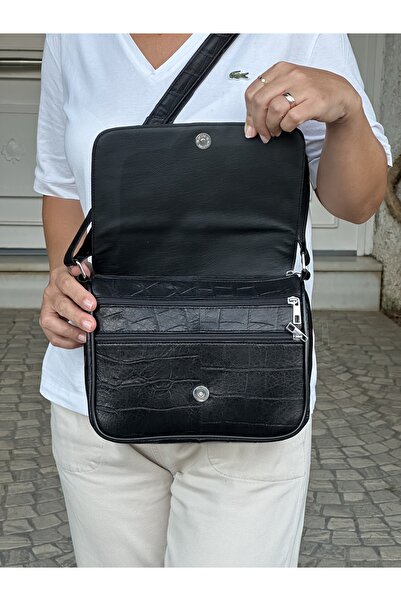 Deribag Genuine Leather, Crossbody Strap, Casual Bag, Women's Shoulder Bag, Syah Patterned 25*21*8 cm