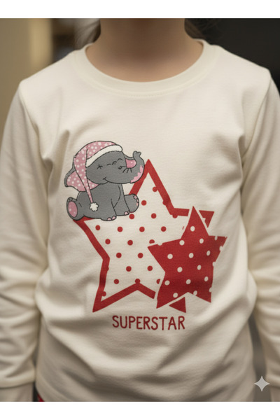 Şimo Butik Kız Çocuk Pijama Takımı %100 Pamuk Uzun Kollu Kışlık Filli Yıldızlı Kırmızı Beyaz