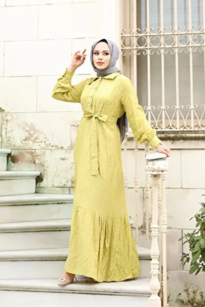 Tesettür Diyarı Γυναικείο Φόρεμα Χιτζάμπ με Γιακά Ζακάρ και Ζώνη