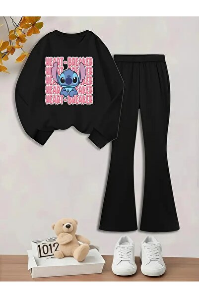 buendiakids Dívčí černé kalhoty s potiskem Stich a španělským rozšířeným střihem