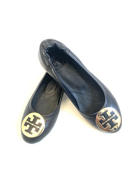 stok83 Women's Black Gold Metal Buckle Genuine Leather Ballerinas