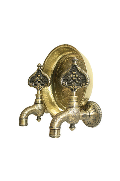 FKN Hamam Tray Double Patterned Polished Yellow Antique Decorative Kurna Brass Ottoman Faucet (2 Faucets 1 Hamam Tray)