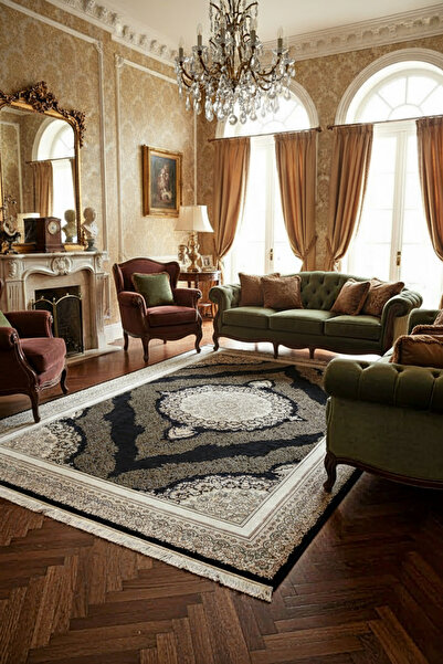 Halı Sepeti Enti Herat 2801 Siyah Klasik Salon Halısı Çerçeveli Göbekli Parla...