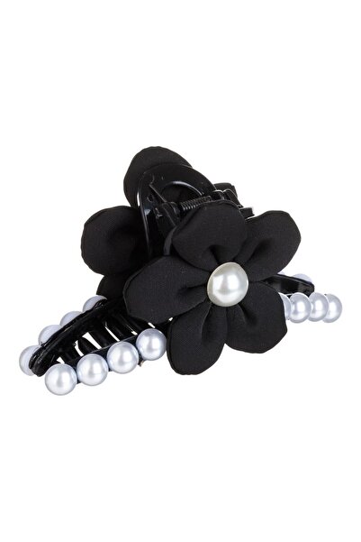 OEM Black Hair Clip with White Beads & Black Flower for Women 11cm