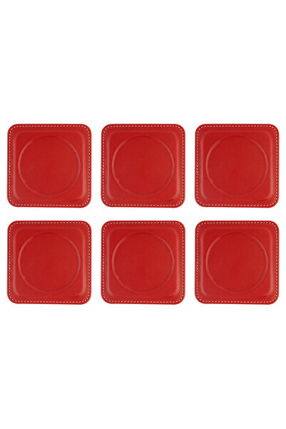 2K Coasters, Set of 6, Desktop Round Cup Coaster, Vegan Faux Leather, 11X11 Cm., Red