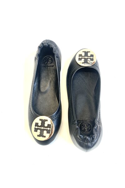 stok83 Women's Black Gold Metal Buckle Genuine Leather Ballerinas