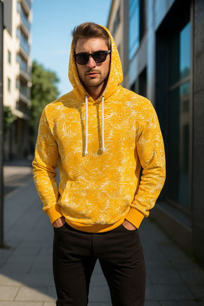Rich Men's Patterned Pocket Detailed Basic Hooded Oversize Sweatshirt