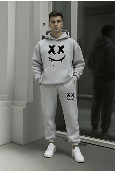 FUFLUNS طقم بدلة رياضية بقلنسوة للجنسين للنساء/الرجال مطبوع عليه وجه مبتسم، م...