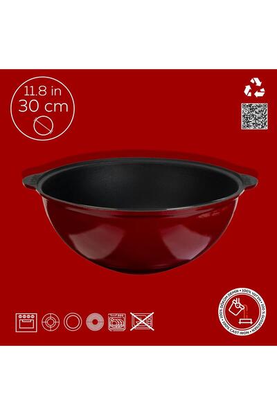 Lava Cast Iron Round Uzbek Kazan / Pot. Cast Iron Solid Handle Diameter (Ø) 30Cm.-Burgundy