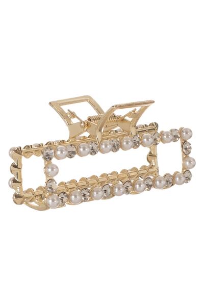 OEM Clama Par de Culoare Aurie cu Margele Albe & Strass 9cm