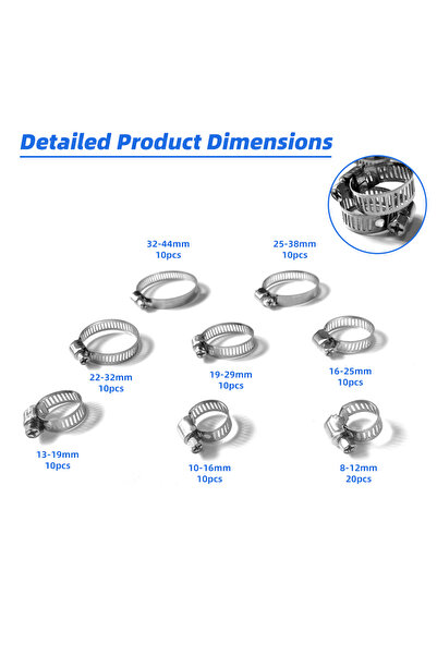 MaxTech Set mixt 90 buc. cleme, coliere de furtun otel inoxidabil 8-38mm cu surub, Organizate in trusa