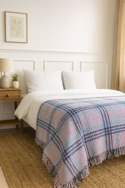 SİHİRLİ AYAKLAR Double Blanket Fringed Plaid Pattern Woven Scotch Blanket Scottish Blanket Colorful 180X220