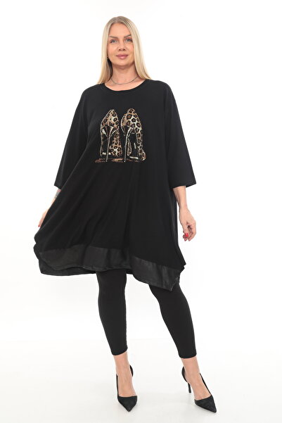 freestill Taş İşlemeli Leopar Desenli Siyah Viskon Oversize Tunik