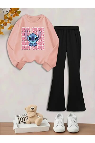 buendiakids Kız Çocuk Pembe-Siyah Stich Baskılı Bisiklet Yaka İspanyol Paça P...