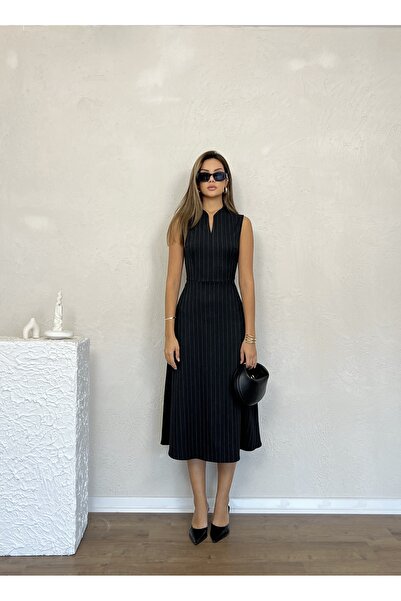 Nesil Rochie midi pentru femei, cu mâneci zero, cu dungi, la talie, pentru zi cu zi, la birou, pentru ocazii speciale