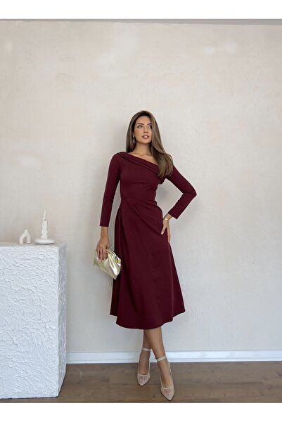 Nesil Kayık Yaka Omuz Detaylı Uzun Özel Gün Günlük Leonora Kadın Elbise