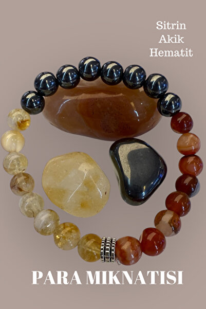Doğaltaş Para Mıknatısı Bileklik - Sitrin Taşı Akik Taşı Hematit Taşı