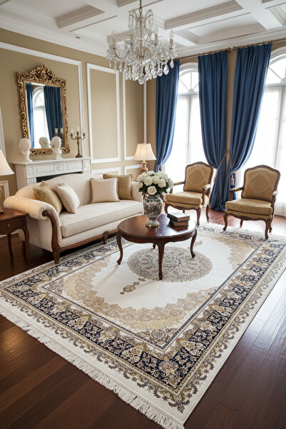 Halı Sepeti Enti Herat 2804 Mavi Klasik Salon Halısı Çerçeveli Göbekli Parlak...