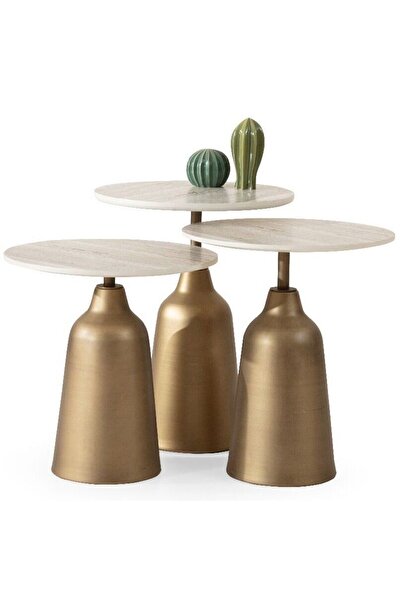 SHOWDEKO Beige Üçlü Traverten Görünümlü MDF Boyalı Metal Ayaklı Zigon Sehpa Seti