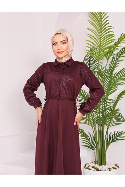 QUAWEAR Shirt Collar Cuffed Buttoned Sleeves Belted Top Size Printed Imported Knitted Fabric Full Length Dress