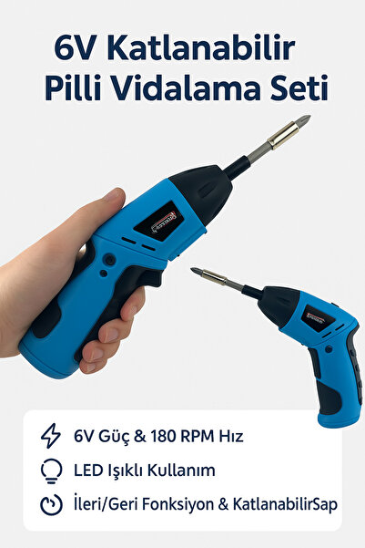 Coverzone Pilli Tornavida 6V, 180RPM, LED Işıklı, Katlanabilir Saplı, İleri/G...