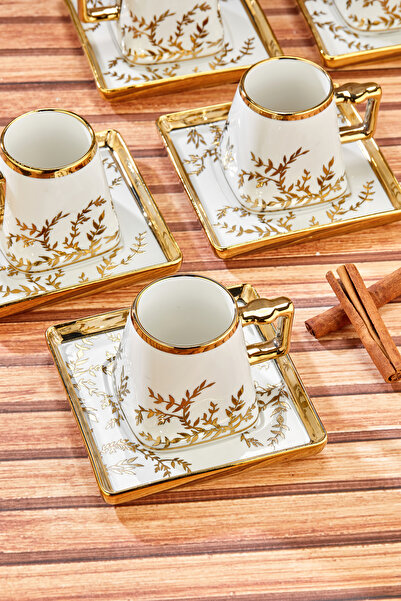 Cooker Stylishly Designed Set of 6 220 ml Porcelain Coffee Cups - Gold Gilded - Gift Option