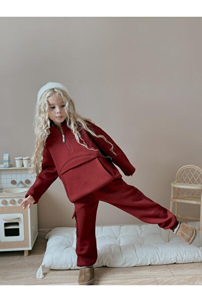RAPAPA Girl's Burgundy Cargo Pocket Embroidered 2-Piece Tracksuit Set-7106-B