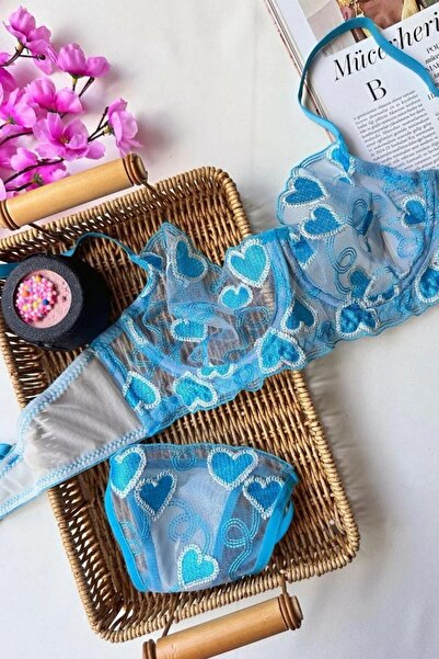 SiaLess Lingerie Γυναικείο Σετ Εσώρουχα Μπλε Καρδιά Κεντημένο Διαφανές Σουτιέν με εσώρουχο με στριφώματα Φανταχτερό σετ εσωρούχων