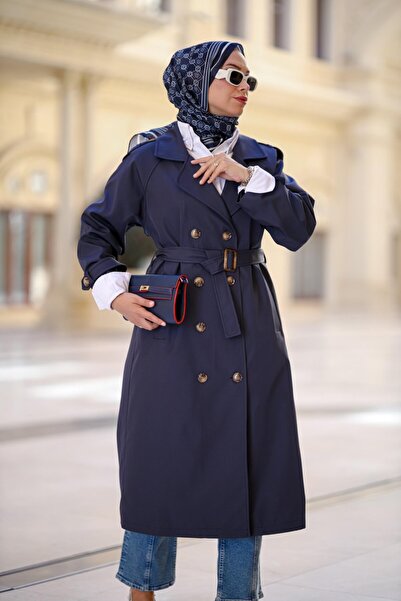 NS Moda Hijab Belted Trench Coat Navy Blue Model-550