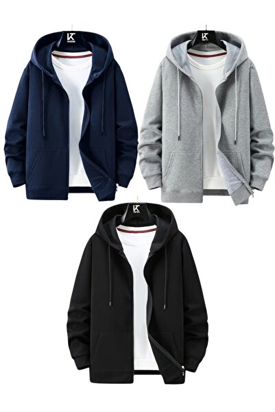 Karatopak 3'lü Kapüşonlu Unisex Fermuarlı Sweatshirt / Hırka