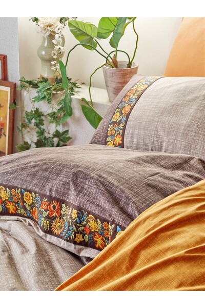 Cotton Box Single bed linen with embroidery, 100% cotton ranforce, Folk Art Mink