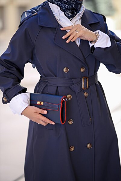 NS Moda Hijab Belted Trench Coat Navy Blue Model-550