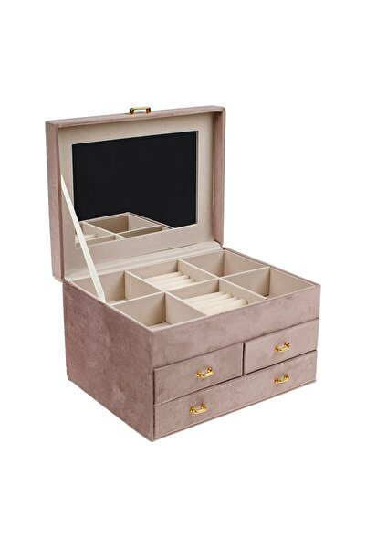 OEM Pink Nude Velvet Jewelry Organizer Box with Drawers 25x19x16cm