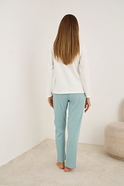 Siyah İnci yeşil Kalp Nakışlı Pamuklu Fitilli Kaşkorse Örme Pijama Takım25226013