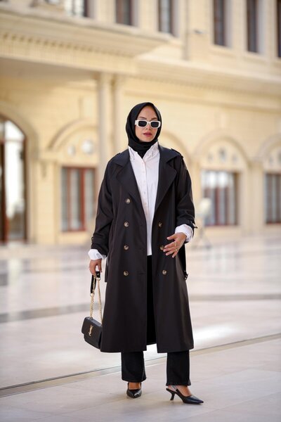 NS Moda Hijab Belted Trench Coat Black Model-550