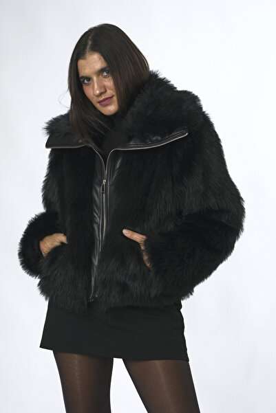 ABBRA Women's Collar Faux Leather Zippered Vegan Fur