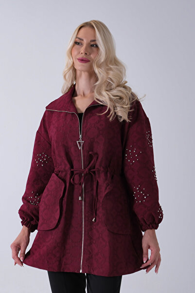 Feminist Üzeri Taş Detaylı Yandan Cepli Trenç Bordo 940140177