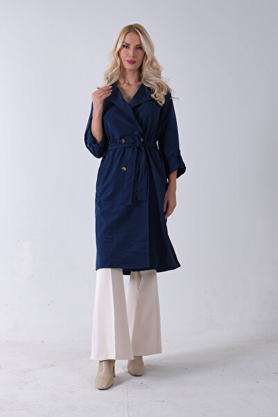 Feminist Önden Düğme Kapamalı Yandan Cepli Kuşaklı Uzun Trenç Lacivert 4200823
