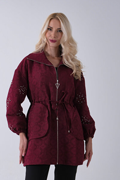 Feminist Üzeri Taş Detaylı Yandan Cepli Trenç Bordo 940140177
