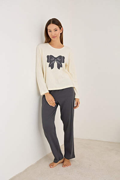 Siyah İnci Smoked Bow Embroidered Cotton Ribbed Camisole Knitted Pajama Set25226012